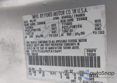 2002 Ford Ranger Edge/Xl/Xlt из США, поврежденный, VIN 1FTYR10U92TA10691